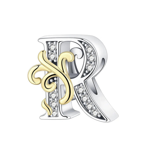 Dual-Tone Gold and Silver R Letter Charm with Crystal Accents - Dual-Tone Gold and Silver R Letter Charm with Crystal Accents