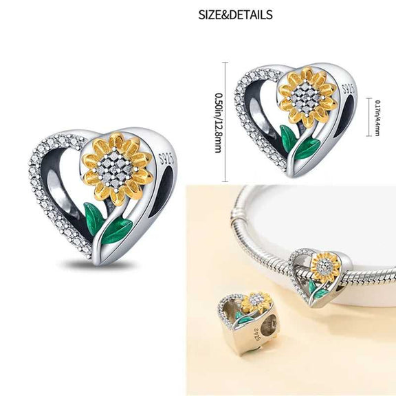 Radiant Sunflower Heart Sterling Silver Charm with Crystal Accents - Sterling silver heart-shaped charm with a golden sunflower, green enamel leaves,.