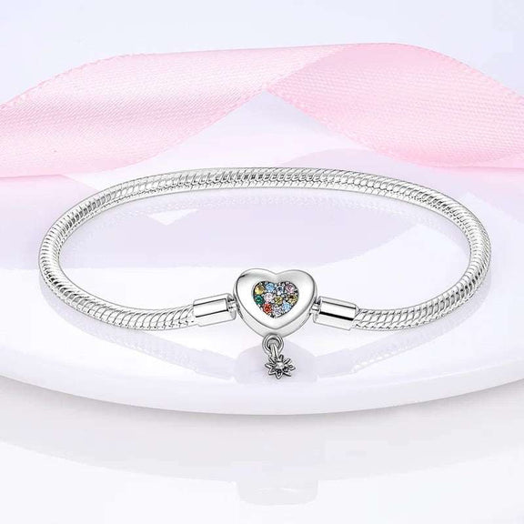 Rainbow Heart Sterling Silver Snake Chain Charm Bracelet - Sterling silver snake chain bracelet with a rainbow-colored heart charm and a small dangling star, fits Pandora charms.