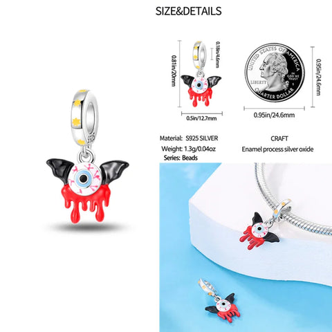 Red Dripping Eye Charm Bat Wings for Pandora - Halloween Bead - Red dripping eye charm with black bat wings and red enamel, perfect for Halloween.
