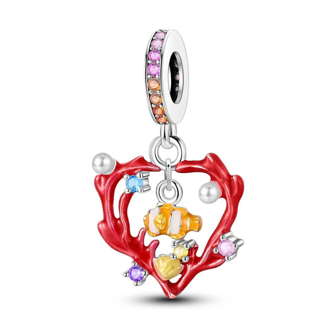 Red Heart Fish And Coral Charm - Red Heart With Fish And Coral Pandora Charm