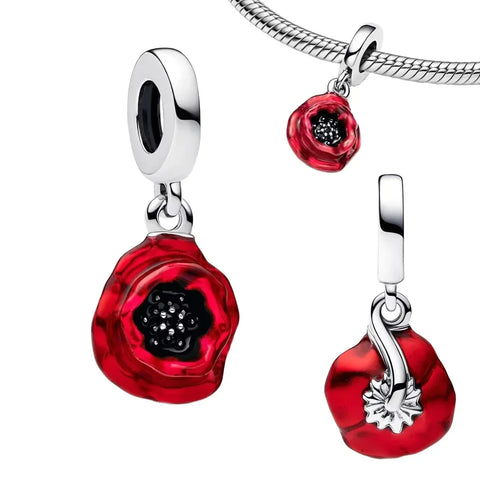 Red Poppy And Silver Necklace Charm - Red Poppy And Silver Necklace Pandora Charm