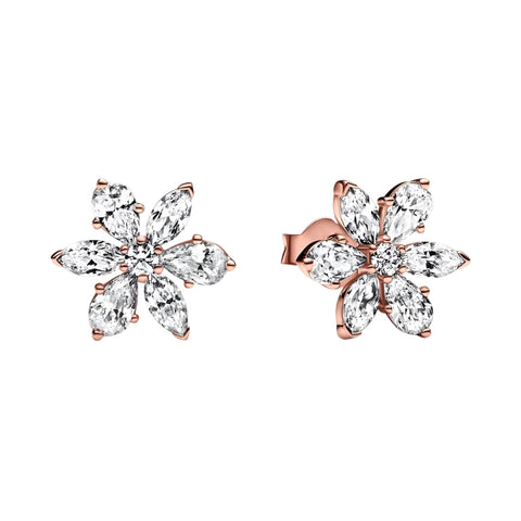 Rose Gold Flower Stud Earrings Sparkling Crystals - Rose gold flower stud earrings with sparkling crystals, featuring a delicate and romantic design.