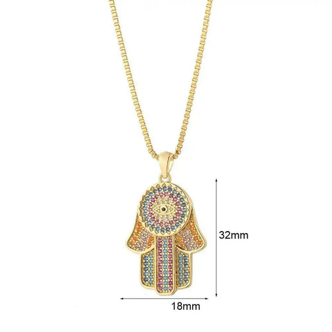 Multicolor Hamsa Hand Pendant Necklace with Crystal Accents - Gold-plated Hamsa hand pendant necklace adorned with multicolor crystals.
