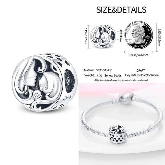 Mum and Daughter Charm - Sterling silver charm depicting a romantic couple's embrace, designed to fit Pandora bracelets.