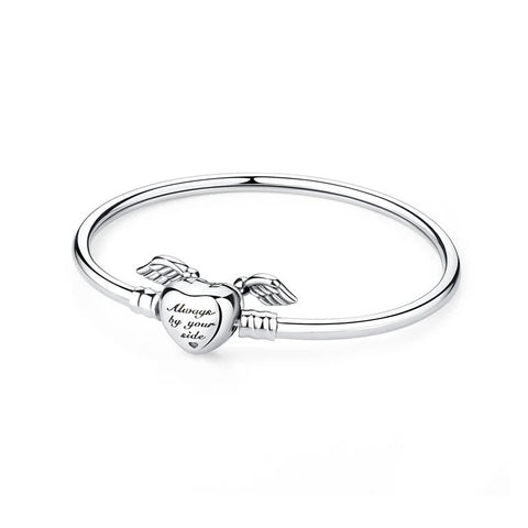 Sterling Silver Snake Chain Bracelet Winged Heart Charm - Sterling Silver Snake Chain Bracelet with Winged Heart Charm