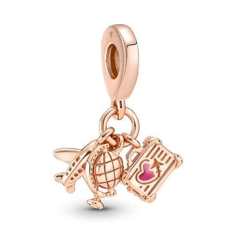 Rose Gold Plane, Globe and Suitcase Triple Dangle Charm - Rose Gold Plane, Globe and Suitcase Triple Dangle Charm