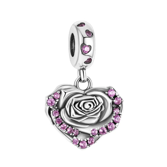 Rose In Heart Dangle Charm - Rose In Heart Dangle Charm