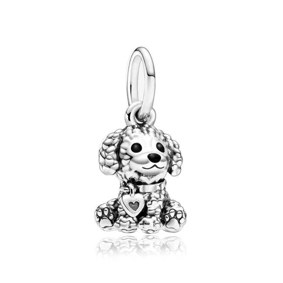 Cute Puppy Charm for Pandora Bracelets - Sterling silver charm of an adorable puppy with a heart tag, fitting Pandora bracelets