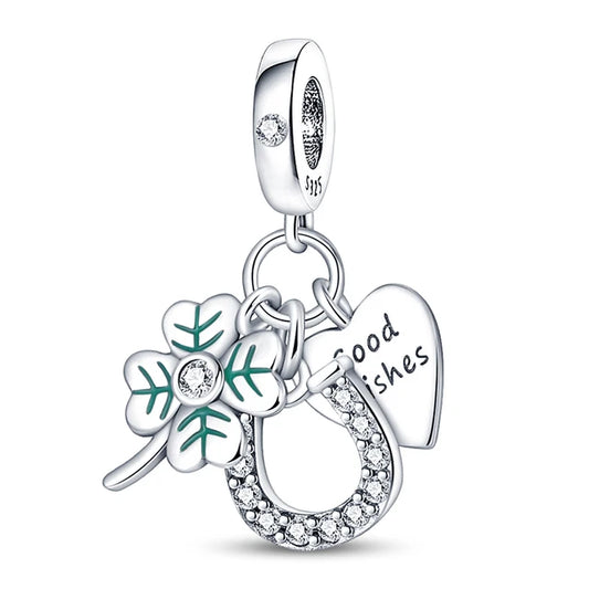 Good Wishes Charm with Clover and Horseshoe in Sterling Silver