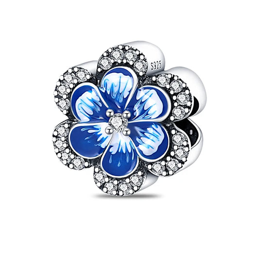 Sterling Silver Blue Enamel Flower Charm with Crystals for Pandora Bracelets