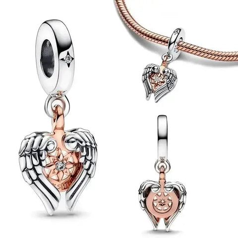 Angel Wings Heart Charm with Rose Gold Accents - Angel Wings Heart Charm with Rose Gold Accents