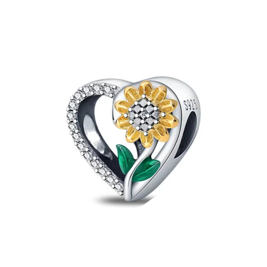 Radiant Sunflower Heart Sterling Silver Charm with Crystal Accents