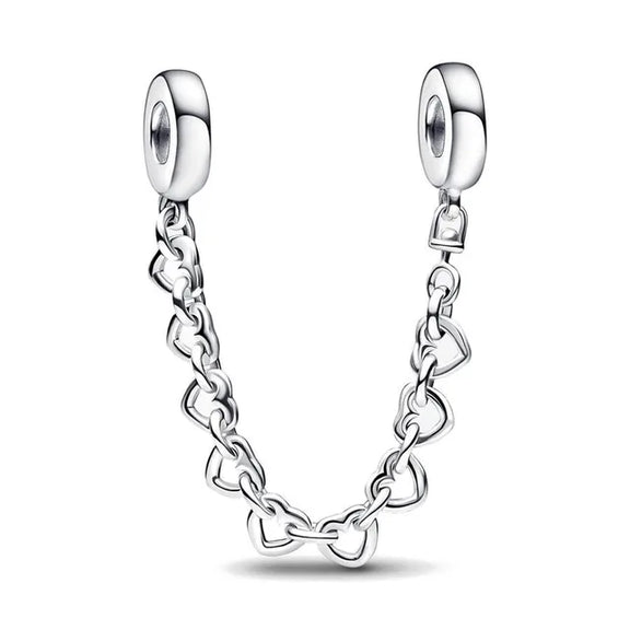 Sterling Silver Safety Chain Charm with Heart Links - Sterling Silver Safety Chain Charm with Heart Links