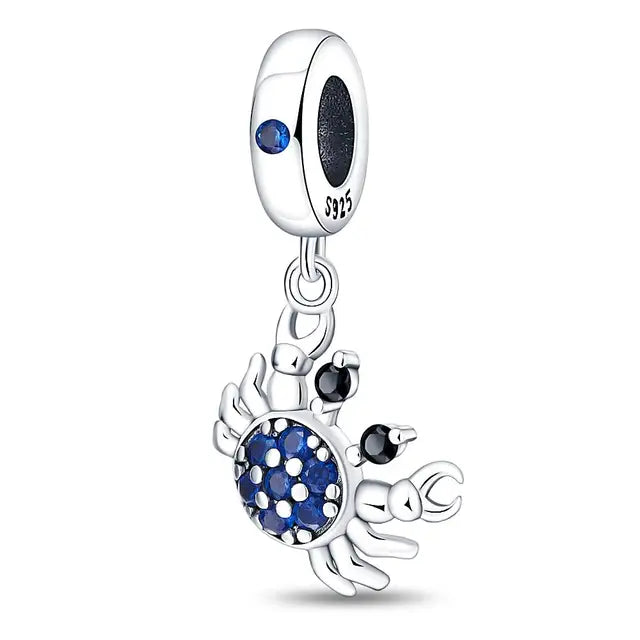 Sparkling Blue Crab Charm with Zircon Crystals in Sterling Silver