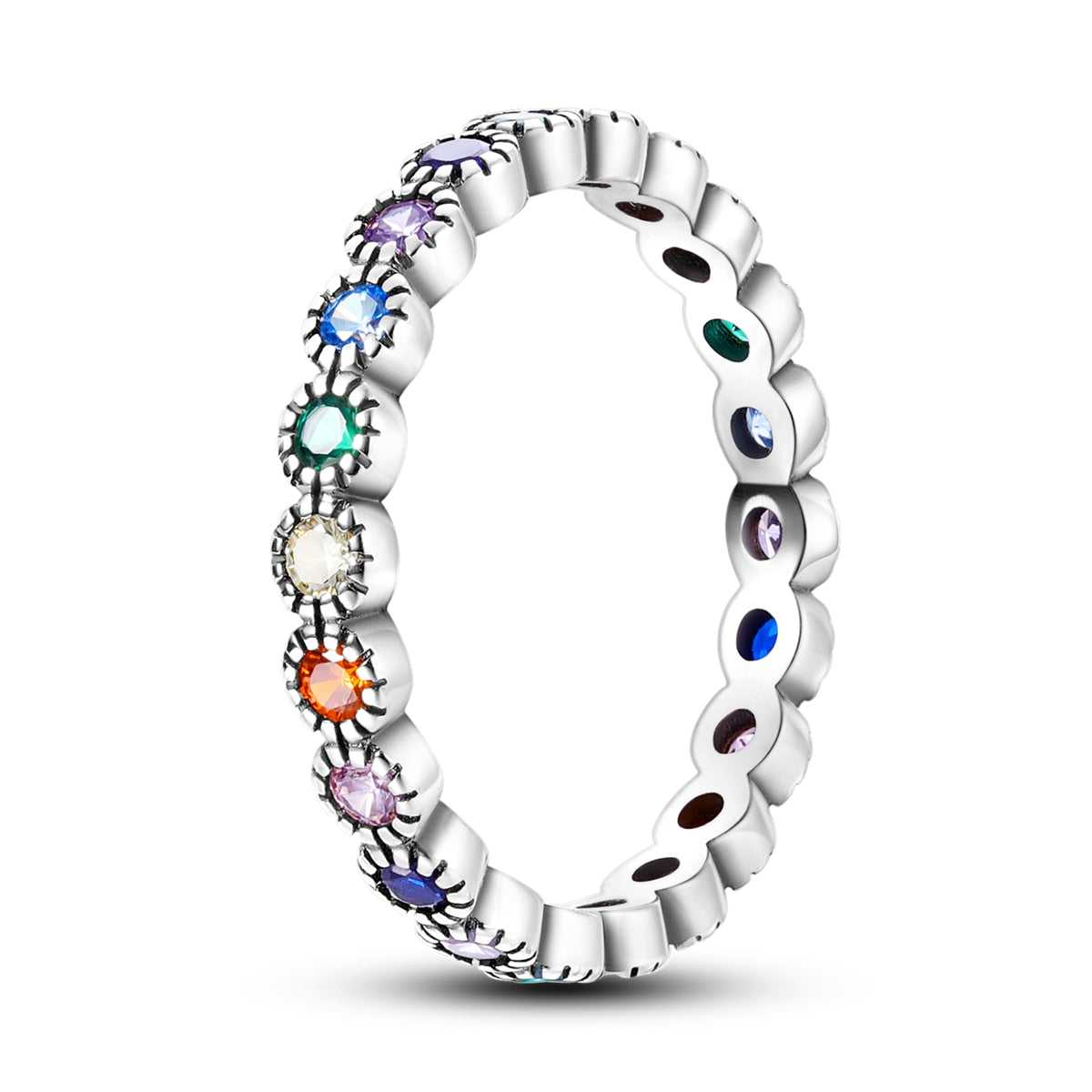 Sterling Silver Rainbow Gemstone Eternity Band - CZ Ring