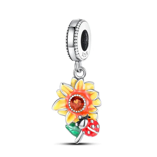 Sunflower and Ladybug Sterling Silver Charm with Multi-Color Zircon