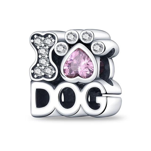 I Love Dogs Charm with Pink Crystal and Sterling Silver