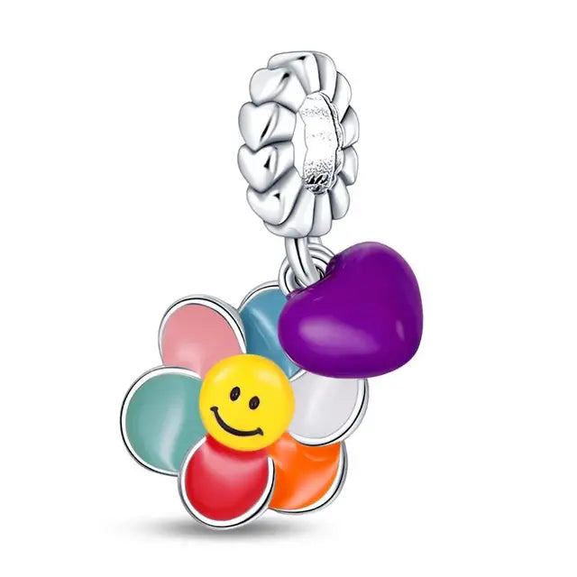 Sterling Silver Smiling Flower and Heart Charm for Pandora Bracelets