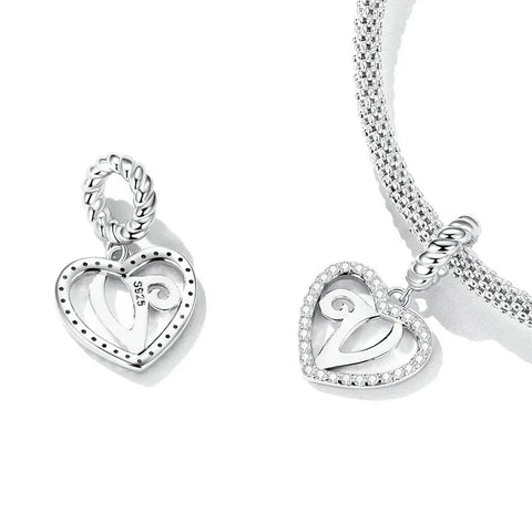 Silver Heart Letter V Charm - Silver Heart Letter V Charm