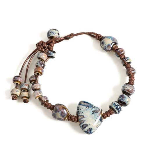 Brown Bracelet With Blue And White Beads On A Brown Cord Anklets for cooking and baking