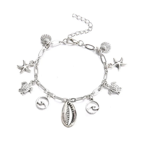 Brown Silver Bracelet Shells, Sea Shells Fish Charms Anklets - Brown Silver Bracelet With Shells, Sea Shells And Fish Charms Anklets for cooking and baking