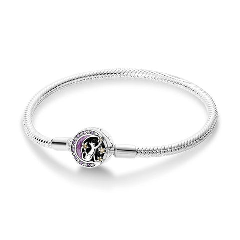 Magical Moon Cat Sterling Silver Snake Chain Charm Bracelet - Magical moon and cat sterling silver snake chain charm bracelet with purple and black enamel accents