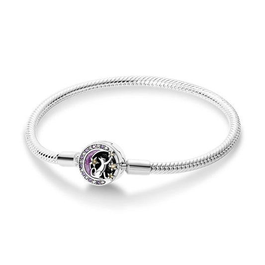 Magical moon and cat sterling silver snake chain charm bracelet with purple and black enamel accents