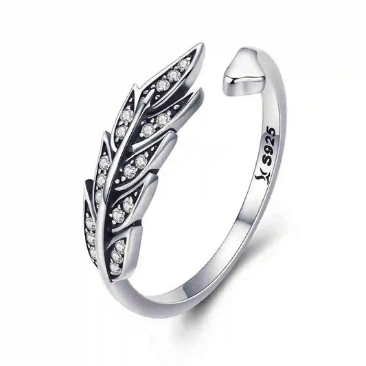 Sterling Silver Feather Adjustable Ring -Nature Leaf Open Ring-Inspired