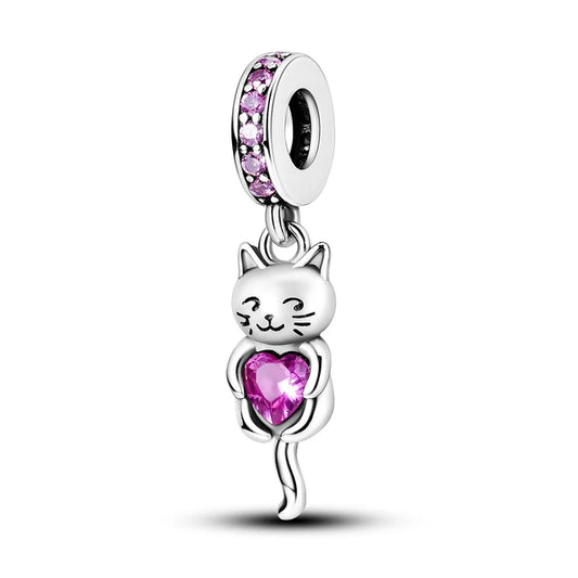 Sterling Silver Cat Holding Heart Charm