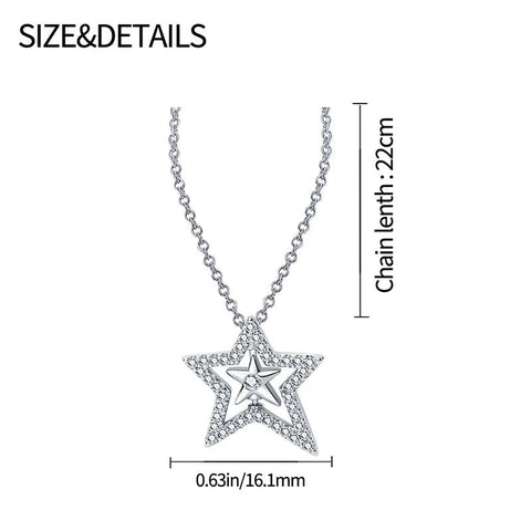 Detailed dimensions of a sterling silver star pendant necklace with cubic zirconia accents, including chain length and pendant size.