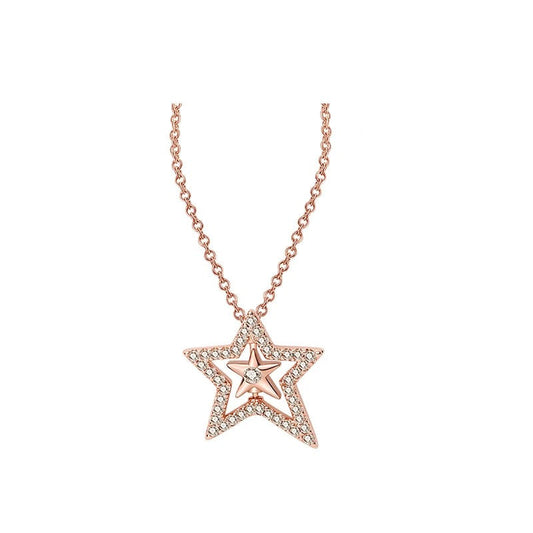 Rose gold star pendant necklace with cubic zirconia accents, showcasing its intricate design.