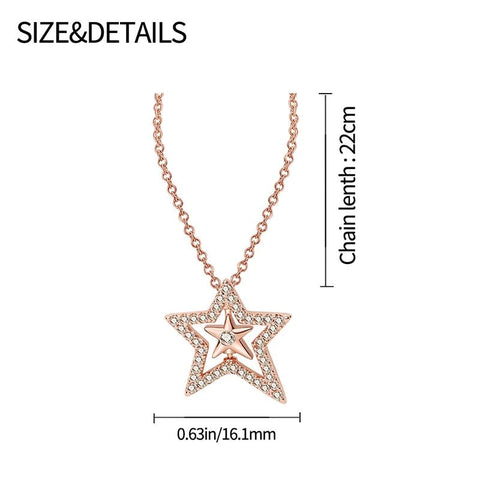 Shimmering Star Pendant Necklace with Crystals - Detailed dimensions of a rose gold star pendant necklace with cubic zirconia accents, including chain length and pendant size.
