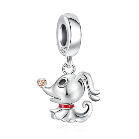 Silver Sterling Dog Charm Red Accent Charm - Silver Sterling Dog Charm Red Accent Charm - Compatible with Pandora Bracelets