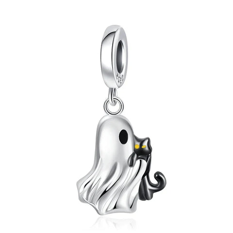 Silver Sterling Halloween Ghost Cat Charm Yellow Accent Charm - Silver Sterling Halloween Ghost Cat Charm Yellow Accent Charm - Compatible with Pandora Bracelets