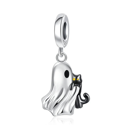 Silver  Sterling Halloween Ghost Cat Charm Yellow Accent Charm - Compatible with Pandora Bracelets