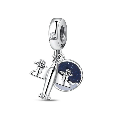 Silver Airplane With Moon And Stars Charm - Silver Airplane With Moon And Stars Charm