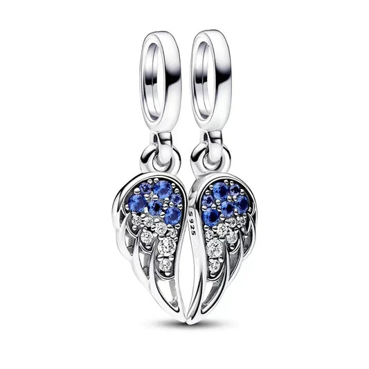 Silver Angel Wings Dangle Charm Blue Accent