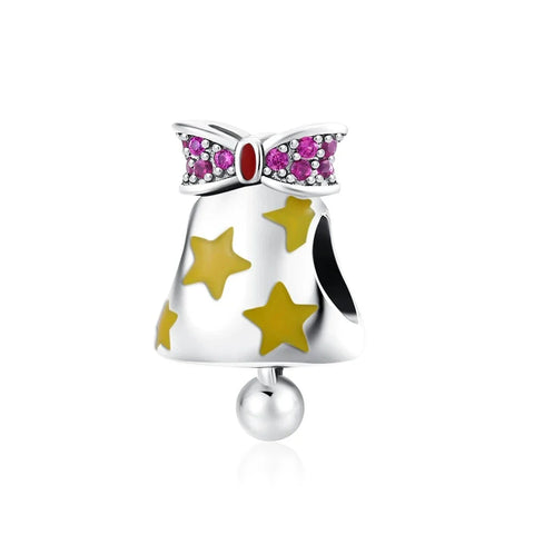 Silver Bell Pink Stars Charm Yellow Accent Charm - Silver Bell Pink Stars Charm Yellow Accent Charm - Compatible with Pandora Bracelets