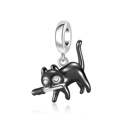 Silver Black Cat Knife Charm - Compatible with Pandora Bracelets