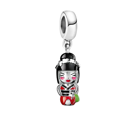 Silver Black Red Kimono Charm Bow Accent Charm - Compatible with Pandora Bracelets