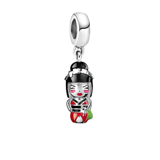 Silver Black Red Kimono Charm Bow Accent Charm - Compatible with Pandora Bracelets