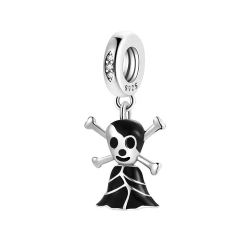 Silver Black White Skull Charm Crossbone Charm - Compatible with Pandora Bracelets