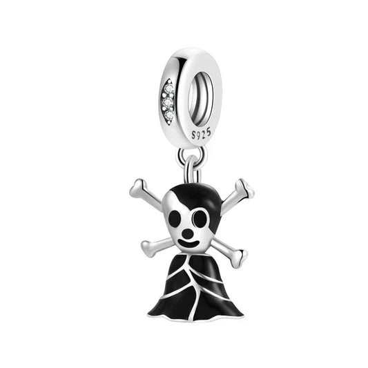 Silver Black White Skull Charm Crossbone Charm - Compatible with Pandora Bracelets