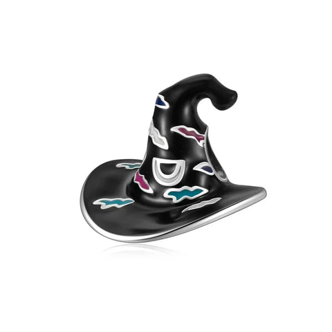 Silver Black Witch Hat Colorful Bats Charm Cyan Accent Charm - Silver Black Witch Hat Colorful Bats Charm Cyan Accent Charm - Compatible with Pandora Bracelets