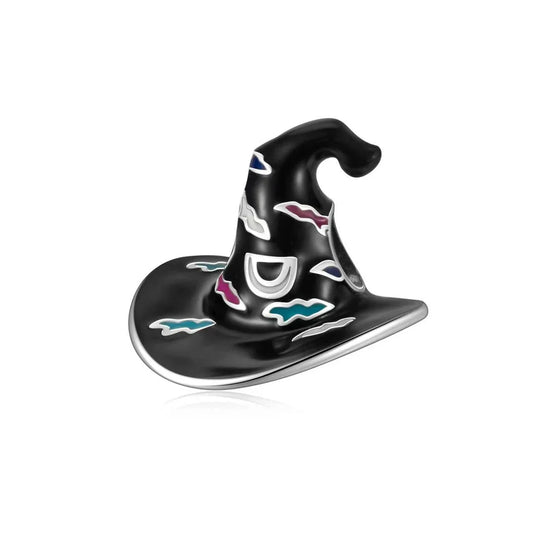 Silver Black Witch Hat Colorful Bats Charm Cyan Accent Charm - Compatible with Pandora Bracelets