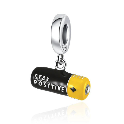 Silver Black Yellow Battery Charm Words Stay Positive Accent Charm - Compatible with Pandora Bracelets