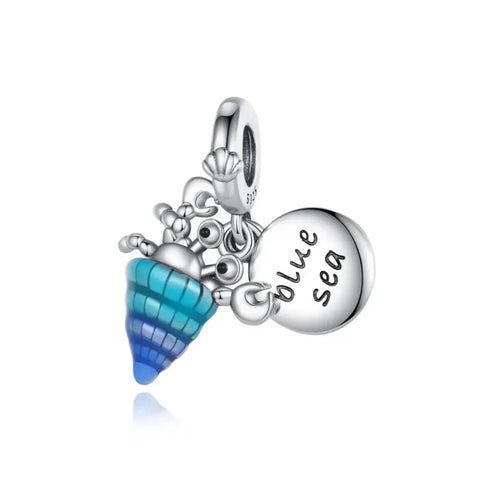 Silver Blue White Sea Shell Turtle Charm Cyan Accent - Silver Blue White Sea Shell Turtle Charm Cyan Accent
