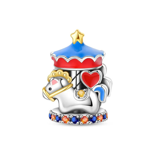 Silver Blue Carousel Charm Heart Accent Charm - Compatible with Pandora Bracelets