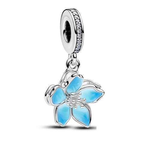 Silver Blue Flower White Stone Charm Cyan Accent - Silver Blue Flower White Stone Charm Cyan Accent